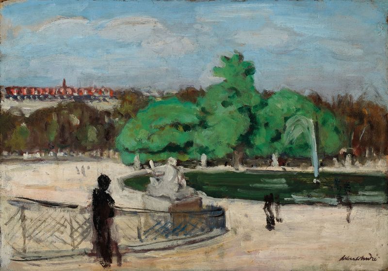 Le Bassin des Tuileries by Albert André, impressionist oil painting of serene waters and reflections.