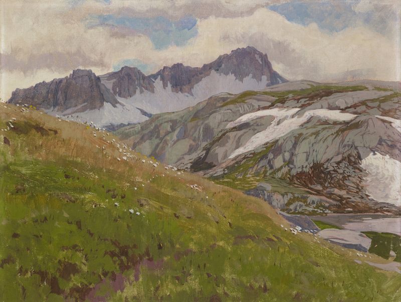 Landscape of mountains in cool tones by Régnault Sarasin, oil painting