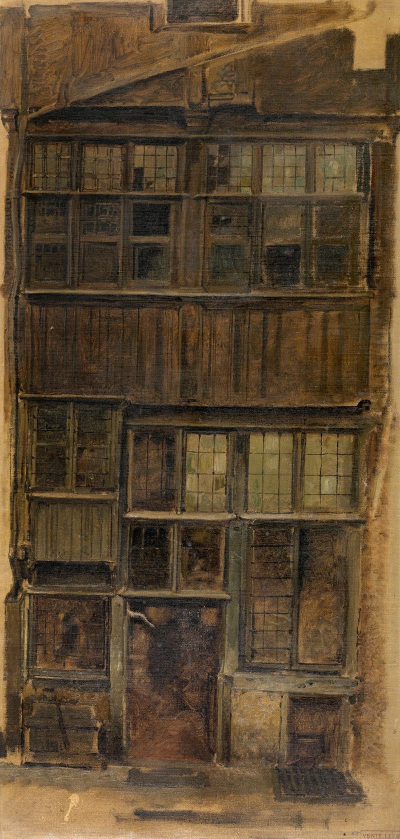 An Old Façade on the Melkmarkt by Jan August Hendrik Leys, oil on canvas, featuring sunlit bricks and a solitary figure.