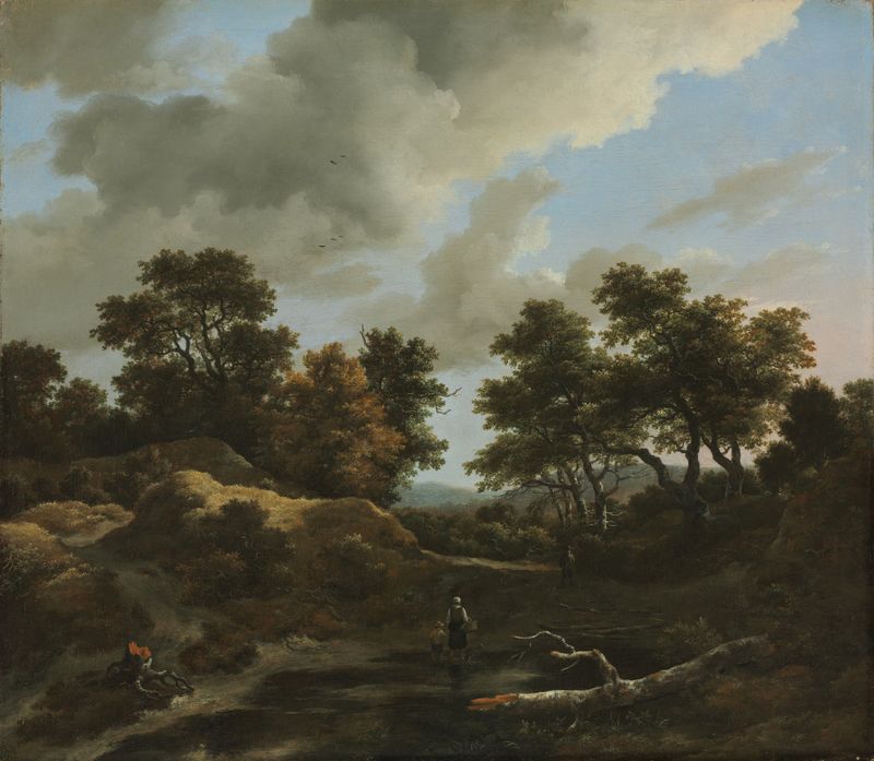 Paisaje boscoso y montañoso de Jacob van Ruisdael, óleo sobre lienzo con árboles y un camino sinuoso.