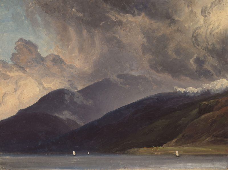 Paisaje del Sognefjord por Thomas Fearnley, pintura al óleo que representa aguas tranquilas y montañas distantes.