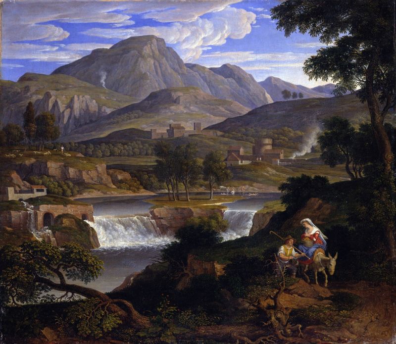 Waterfalls at Subiaco by Joseph Anton Koch, oil on canvas depicting a serene landscape with cascading water.