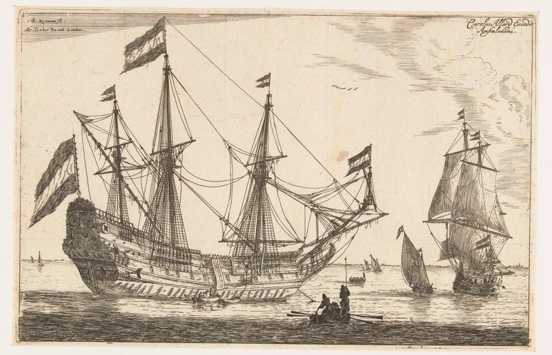 Groot zeilschip en een roeiboot, gravura de Reinier Nooms, representando um navio à vela e um barco a remo.