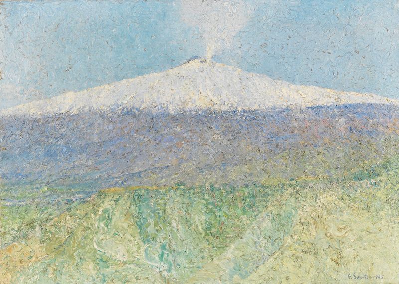 Ätna im Winter de Georg Sauter, pintura al óleo que muestra un paisaje invernal con un volcán y nieve.