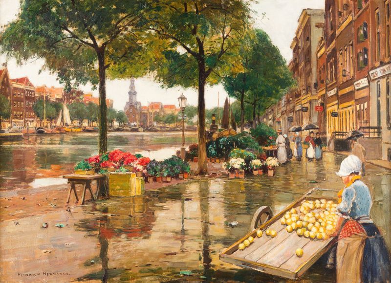 Flower market in Amsterdam by Heinrich Hermanns, oil painting showing colorful flowers spilling into the street.