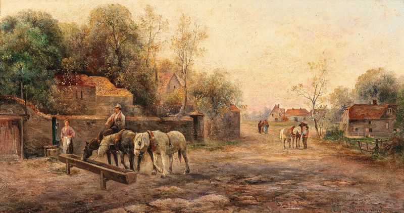 Obra de realismo de Emil Barbarini que muestra caballos cerca de un abrevadero en un camino rural