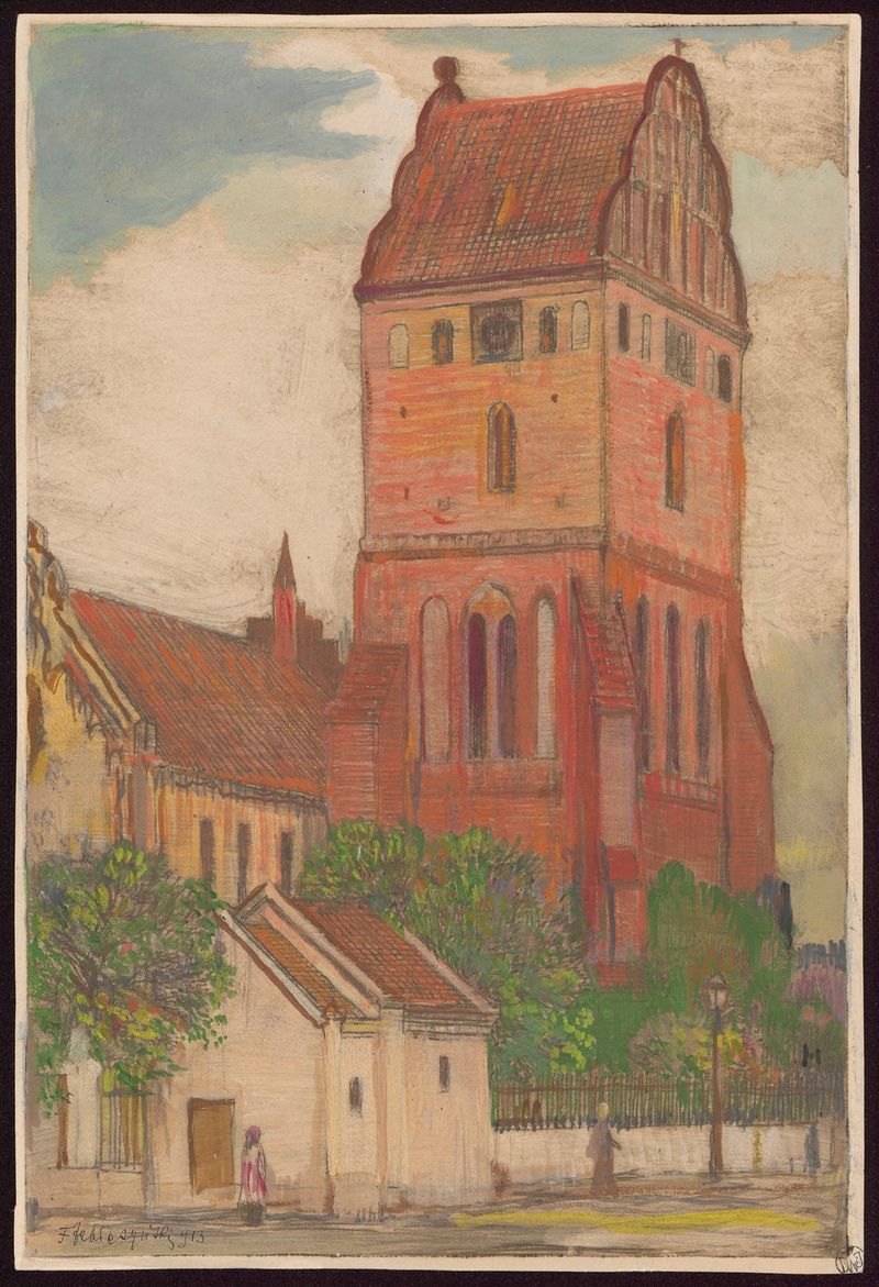 Obra modernista de Feliks Jabłczyński que retrata a Igreja da Virgem Maria com torres e céu suave.