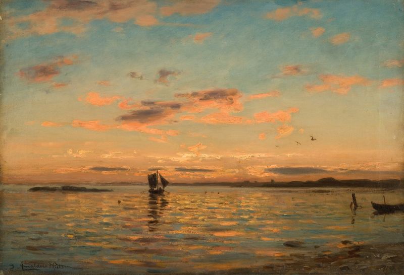 Aftenstemning, Kristianiafjorden de Amaldus Nielsen, pintura al óleo que muestra un fiordo tranquilo al atardecer.