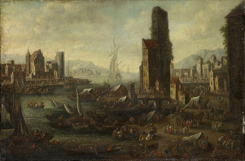 Seaport de Adriaen Frans Boudewijns, óleo que retrata barcos e luz do sol refletindo na água