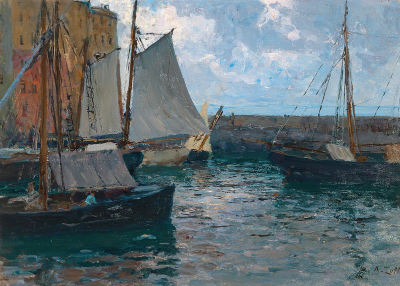 O Porto de Camogli, óleo sobre tela de Alfred Zoff, apresentando barcos coloridos e ondas suaves.