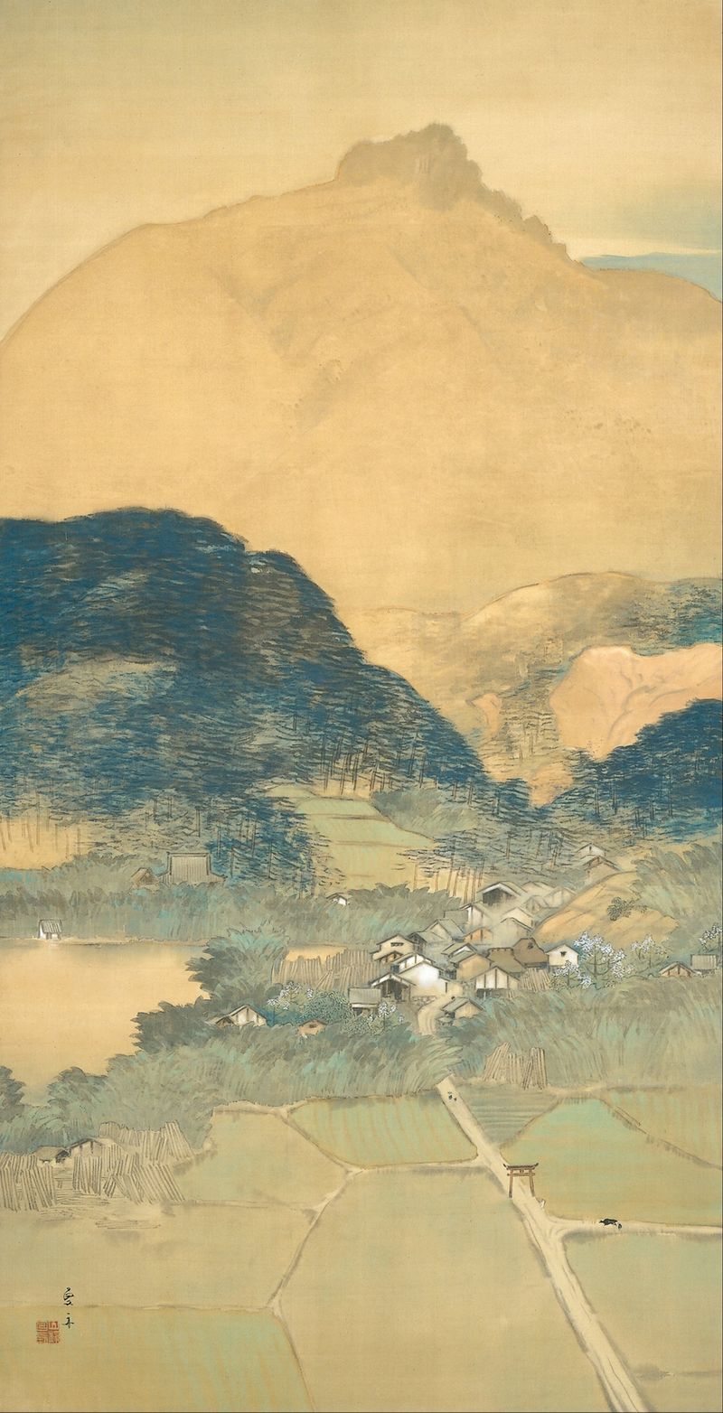 Evening Glow by Kawamura Manshu, ink on paper depicting a vibrant sunset landscape.