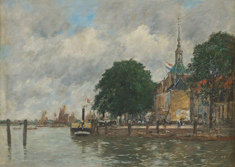 Escena marina con barcos y reflejos, óleo sobre lienzo de Eugène Boudin