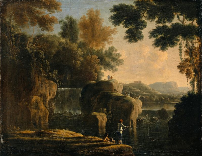 Waterfall with Fishermen, oil on canvas by Herman van Swanevelt