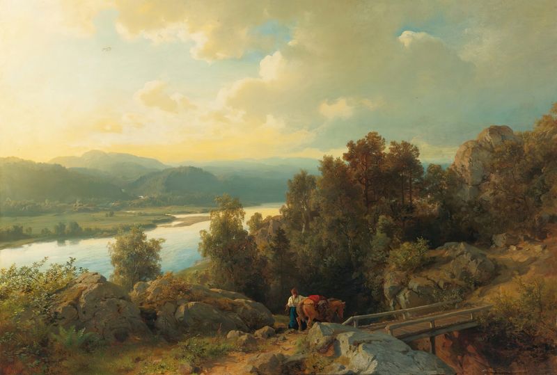 A Lakeside Landscape de Hans Gude, pintura a óleo que retrata reflexos serenos no lago e árvores.