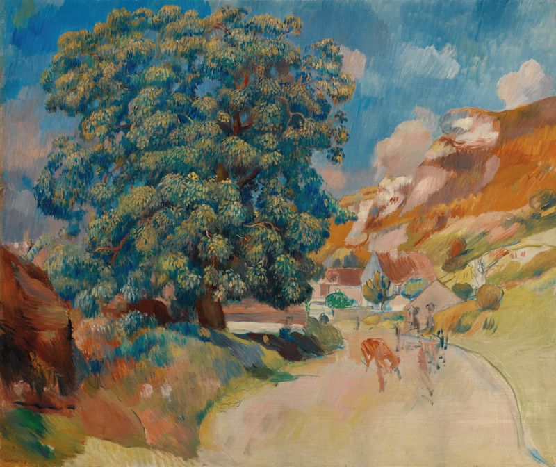Le Grand Arbre Au Bord De La Route de Pierre-Auguste Renoir, pintura a óleo de uma árvore ao longo de um caminho.