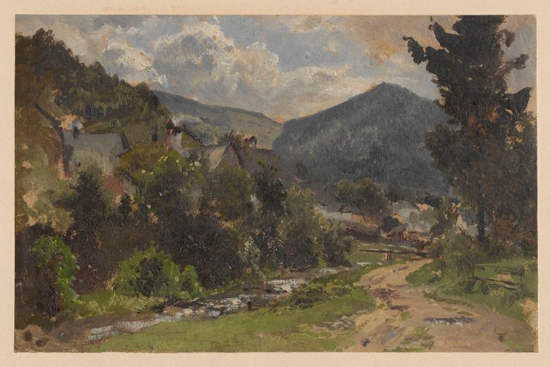 Road in Zlate Hory de Adolf Dressler, pintura a óleo que retrata uma estrada sinuosa através de um vale exuberante.