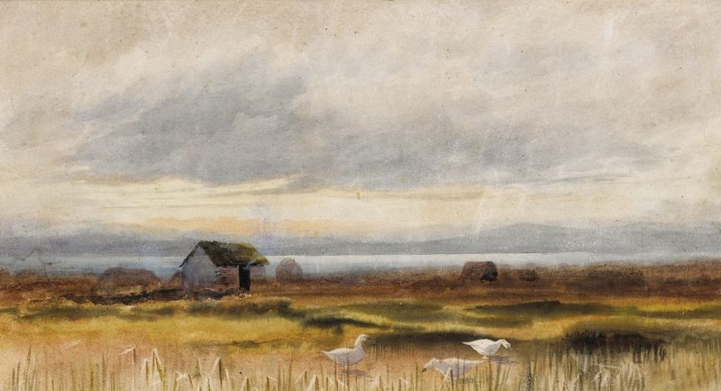 Paisaje que representa un sereno pantano de William Percy French, pintura al óleo