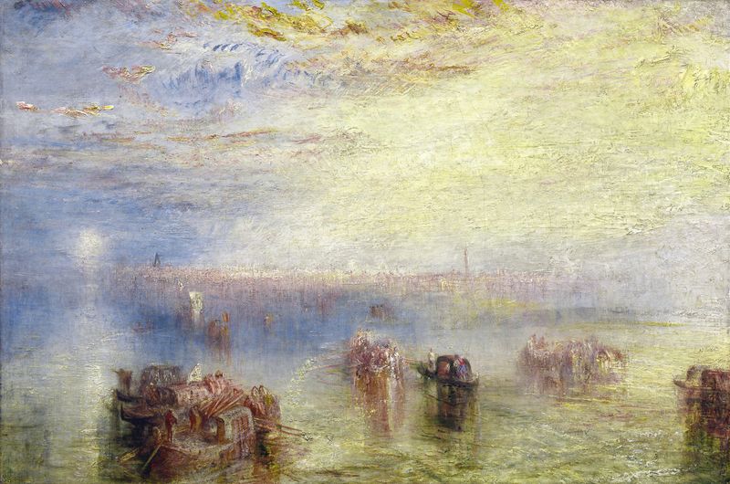 Approach to Venice, óleo sobre lienzo de Joseph Mallord William Turner, que muestra un atardecer sobre el agua.