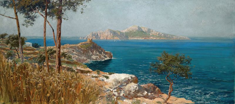 Capri From Sorrento by Carlo Brancaccio, oil on canvas depicting a coastal landscape with azure waters.