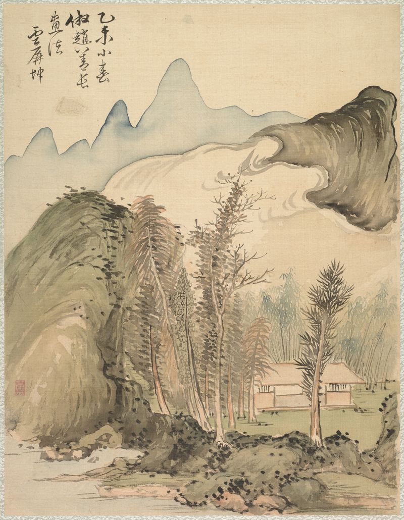 Hut Amidst the Trees, Ukiyo-e by Tsubaki Chinzan, depicting a hut among trees with dappled sunlight.