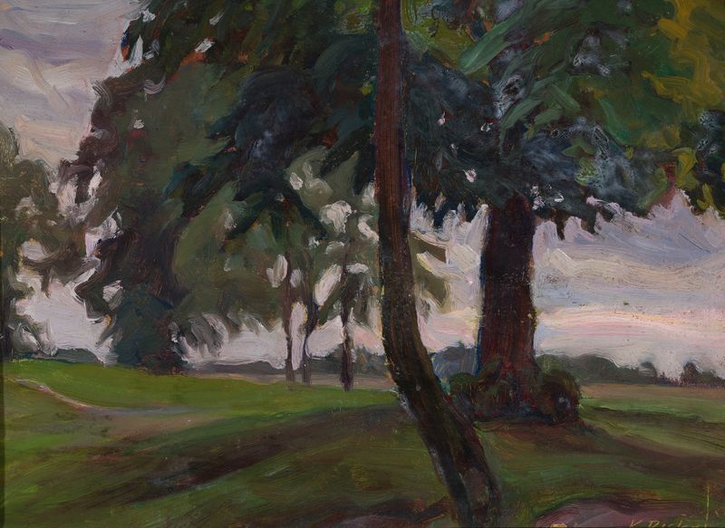 Wayside Trees by Karol Biske, oil painting depicting towering trees and a play of light and shadow.