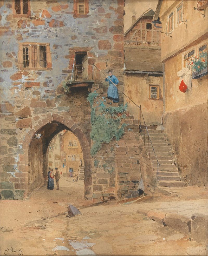 Landscape featuring a gate at twilight, oil on canvas by Eduard Zetsche