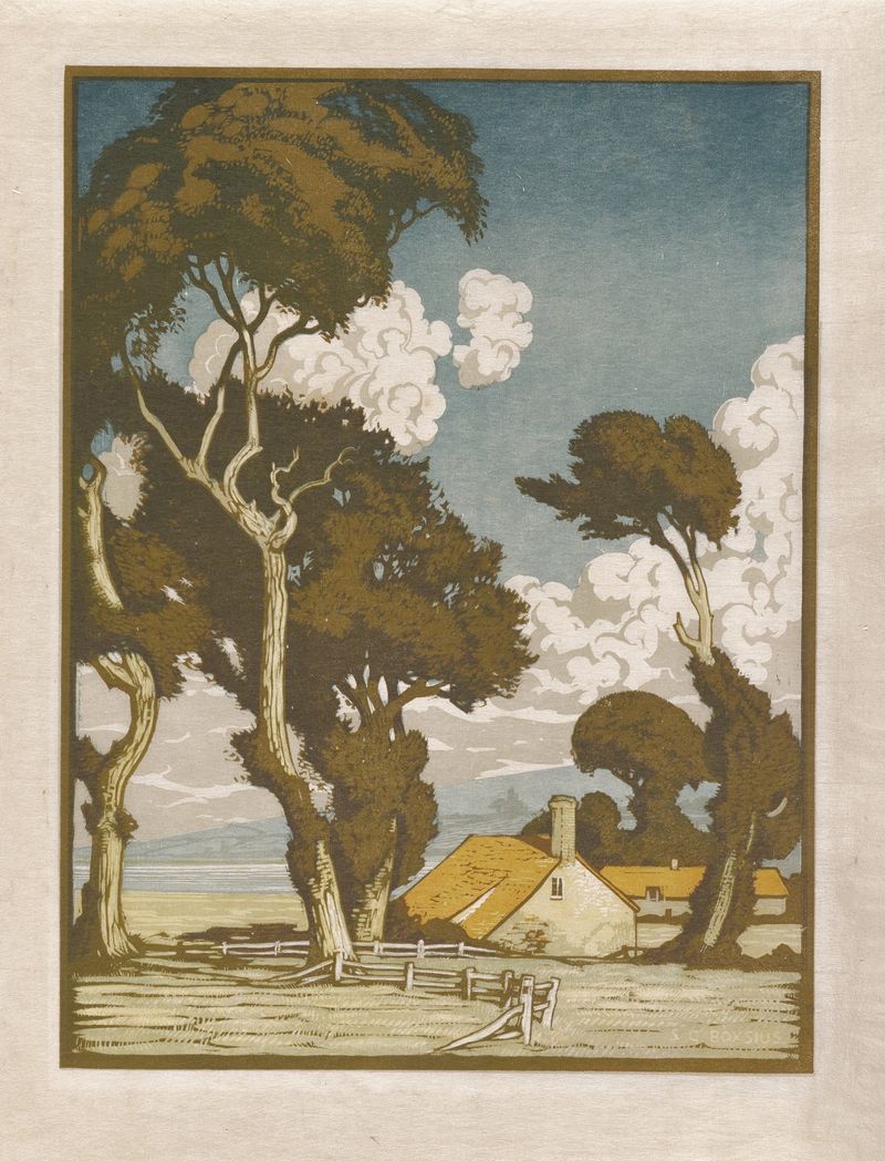 Landscape depicting fields under golden light, oil painting by Sylvan Boxsius