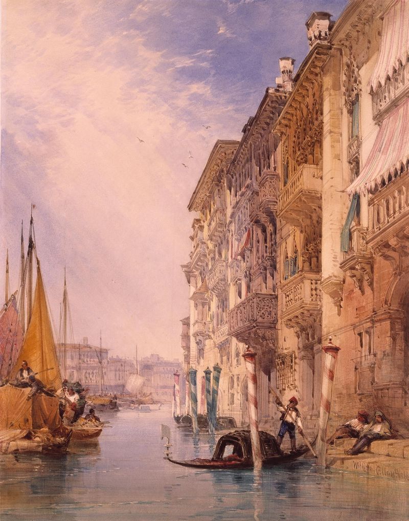 Oil painting by William Callow depicting a gondola gliding on the Grand Canal in Venice