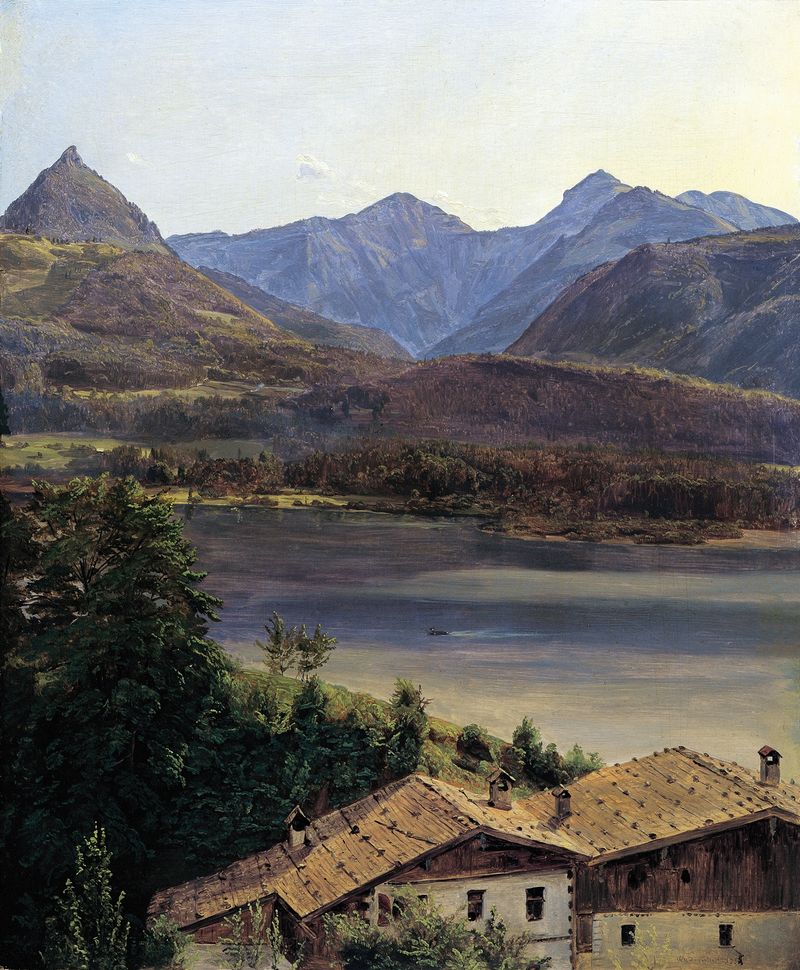 Der Wolfgangsee by Ferdinand Georg Waldmüller, oil on canvas depicting a lake and mountains.