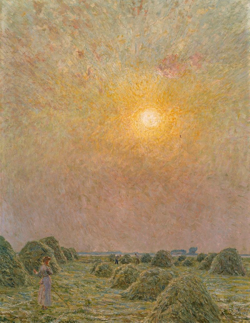 Sunset by Emile Claus, impressionist oil painting depicting a vibrant sunset over a landscape.