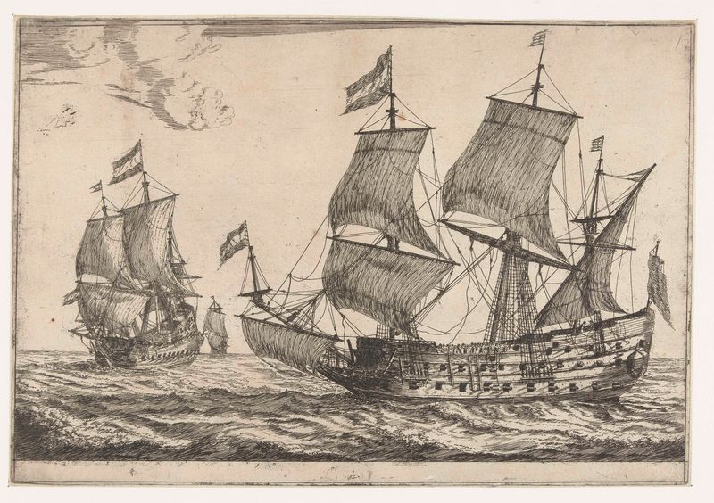 Dois grandes navios de guerra no mar, gravura de Reinier Nooms