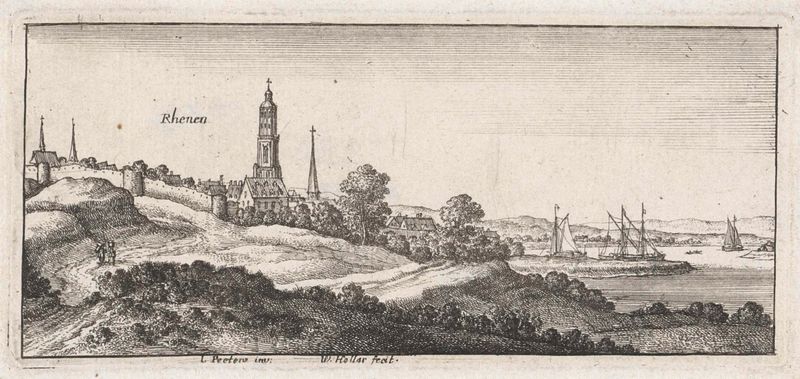 Grabado de Wenceslaus Hollar que representa un paisaje fluvial con un pueblo y cielo.