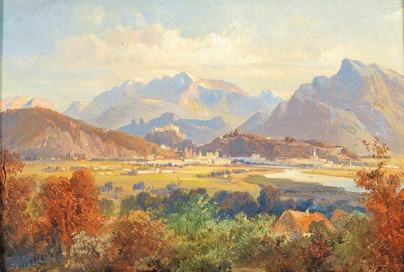 Paisagem de Salzburgo com montanhas de Friedrich Zeller, pintura a óleo.