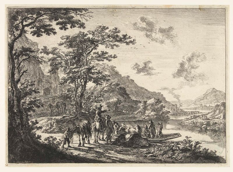 Landschap met veerpont en wachtende reizigers aan oever van de Tiber, etching by Jan Both