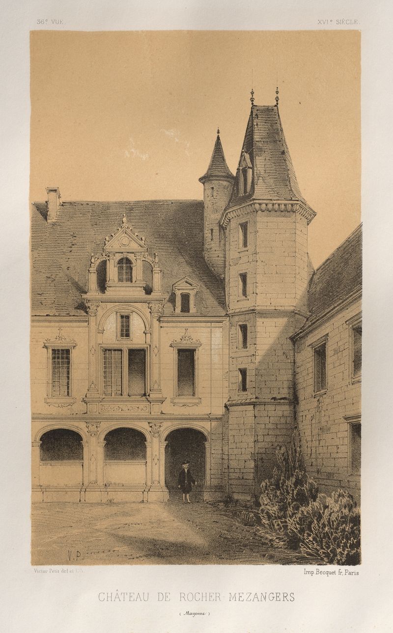 Paisagem com Château De Rocher Mezangers de Victor Petit, pintura a óleo com árvores e luz filtrada.