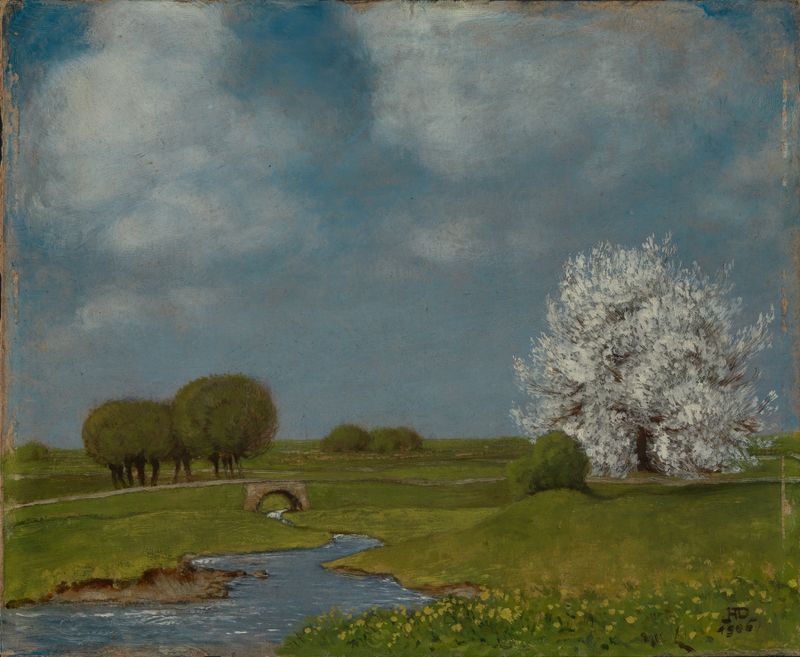 Paisaje primaveral con flores y un arroyo, óleo sobre lienzo de Hermann Dumler