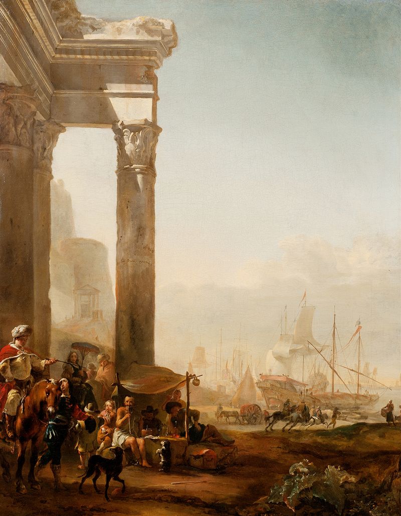 Harbour with Antique Ruins by Jan Weenix, oil painting depicting ancient ruins and water.