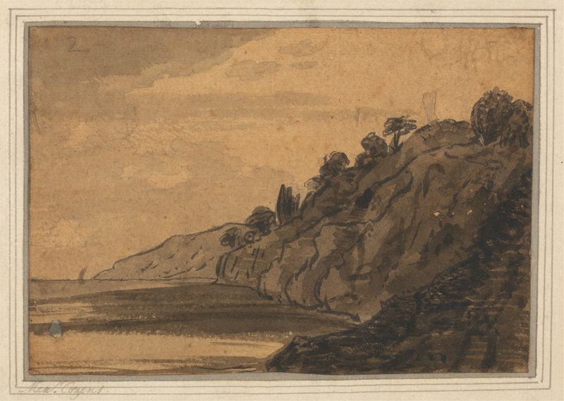Escena costera con acantilado boscoso, acuarela sobre papel de Alexander Cozens