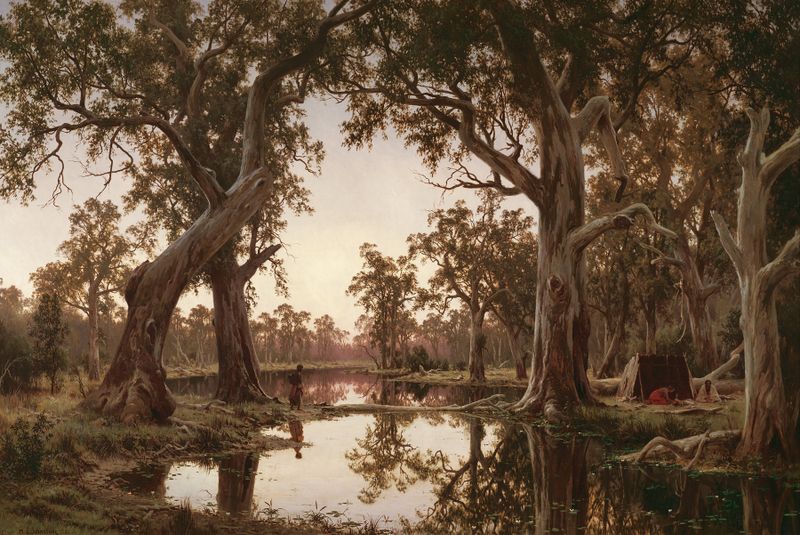 Evening shadows, backwater of the Murray, South Australia, óleo sobre lienzo de Henry James Johnstone