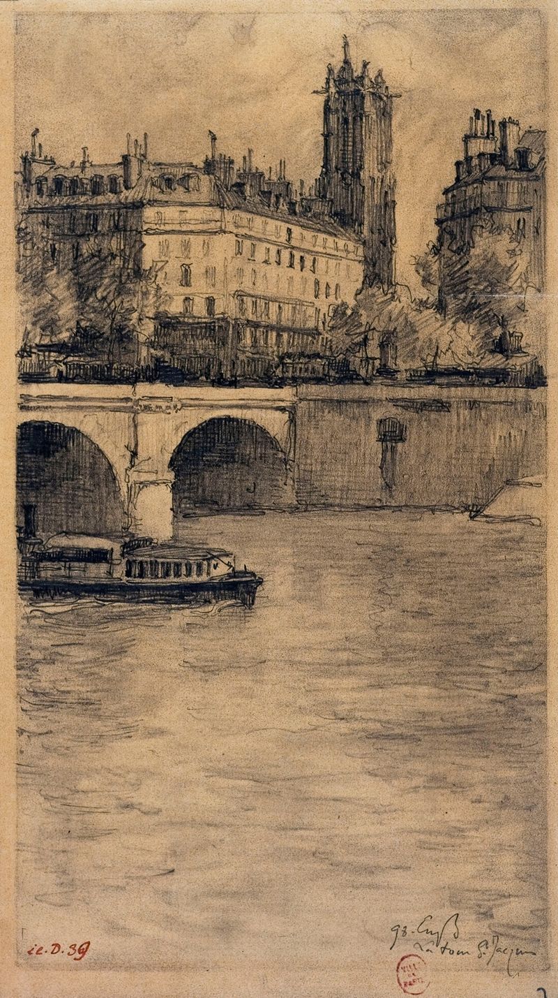 Le pont Notre-Dame et la Tour Saint-Jacques, oil on canvas by Eugène Béjot