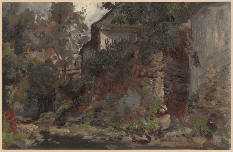 Pintura al óleo de Adolf Dressler que muestra edificios cerca del río Jedlica