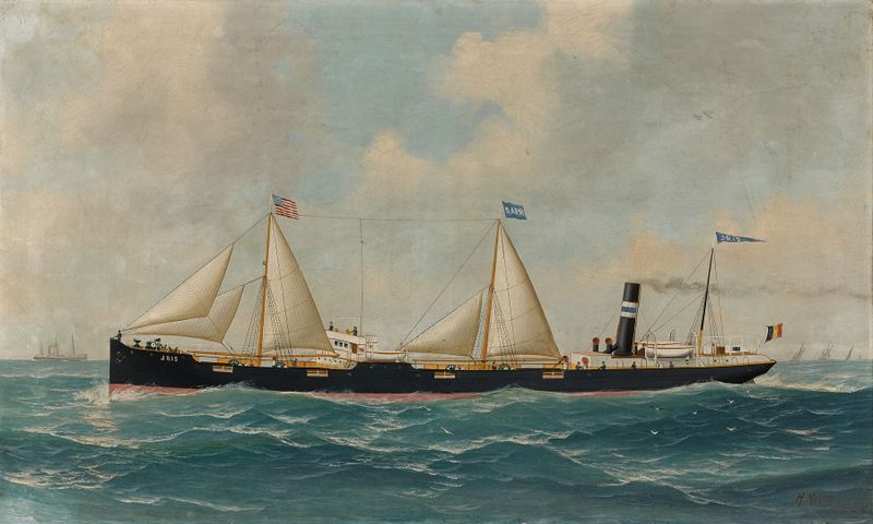 Oil painting of a ship on water by John-Henry Mohrmann