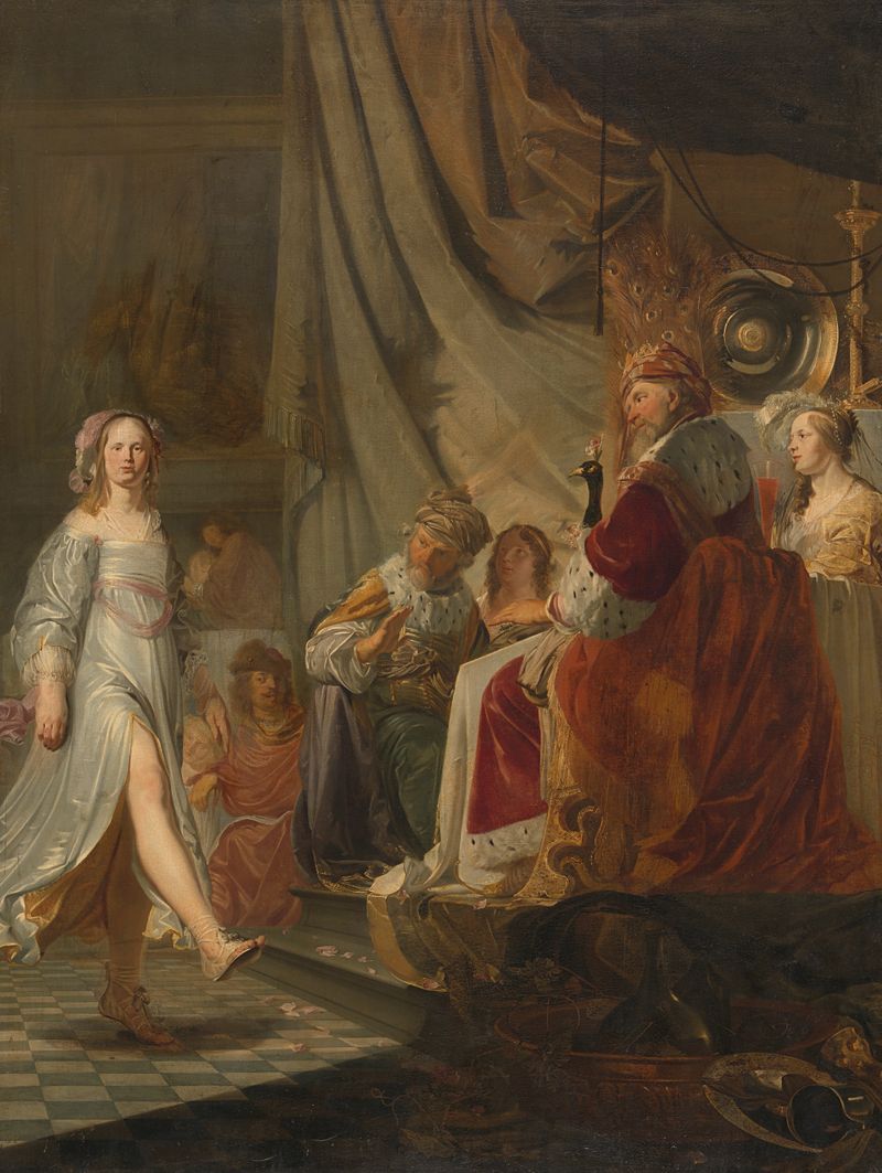 Salome Dancing for Herod de Hans Horions, óleo sobre lienzo, muestra a Salome bailando con vestimentas opulentas.