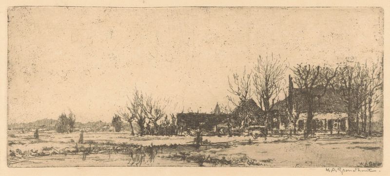 Landscape featuring a farmhouse in golden light by Willem Adrianus Grondhout, medium unknown.