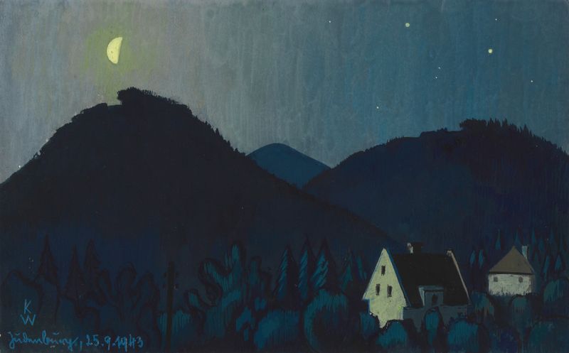 Judenburg bei Nacht de Karl Wiener, óleo sobre tela que retrata uma cidade tranquila à noite.