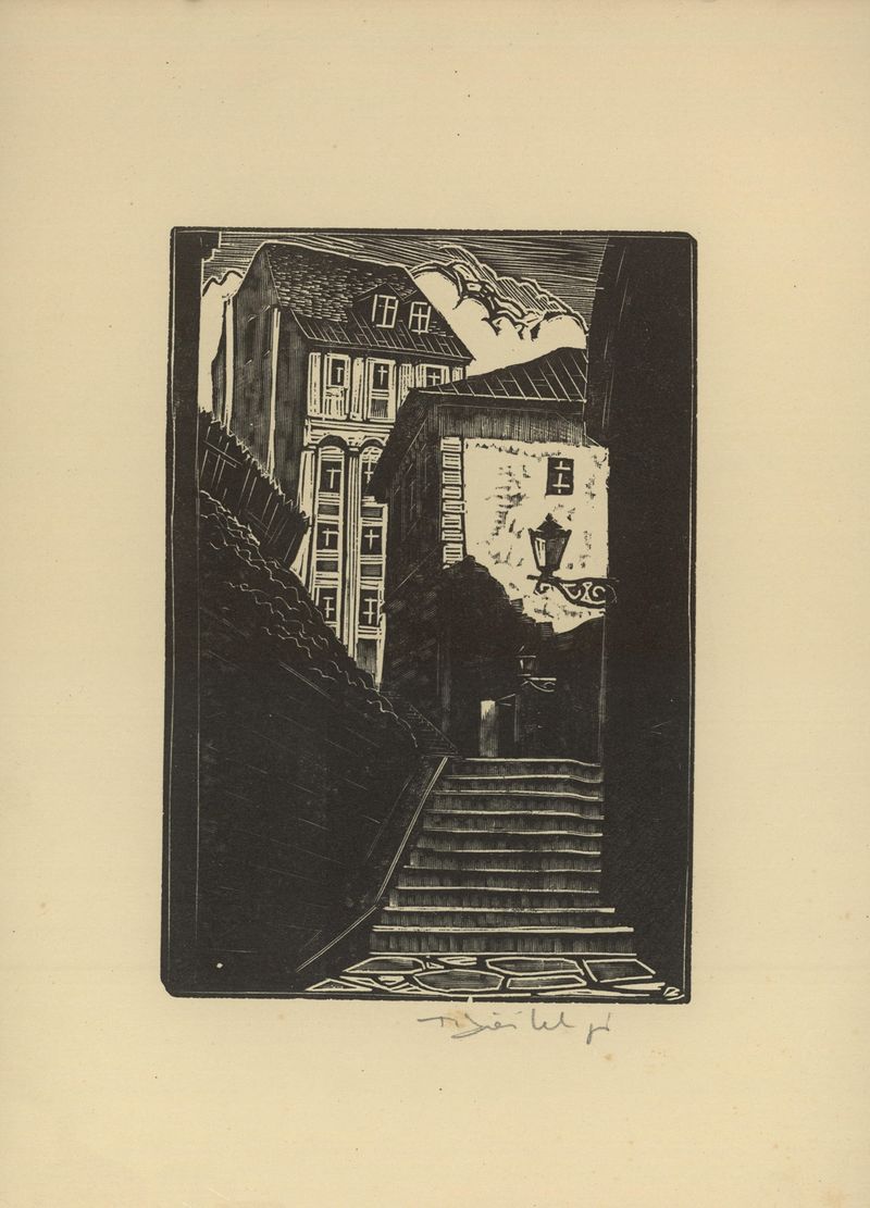 Interior scene with stone steps in darkness by Tadeusz Cieślewski, 1930
