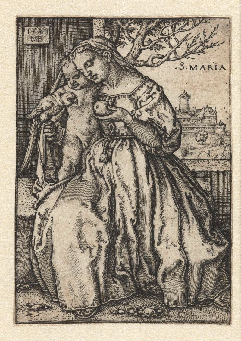 Grabado de Hans Sebald Beham que representa a un niño con un loro y una pera.