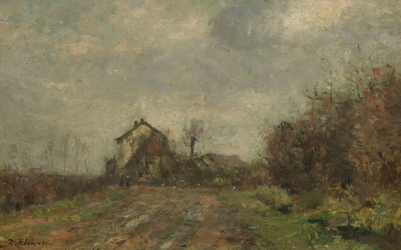 Häusergruppe in Landschaft by Rudolf Höckner, oil on canvas depicting clustered houses in a landscape.
