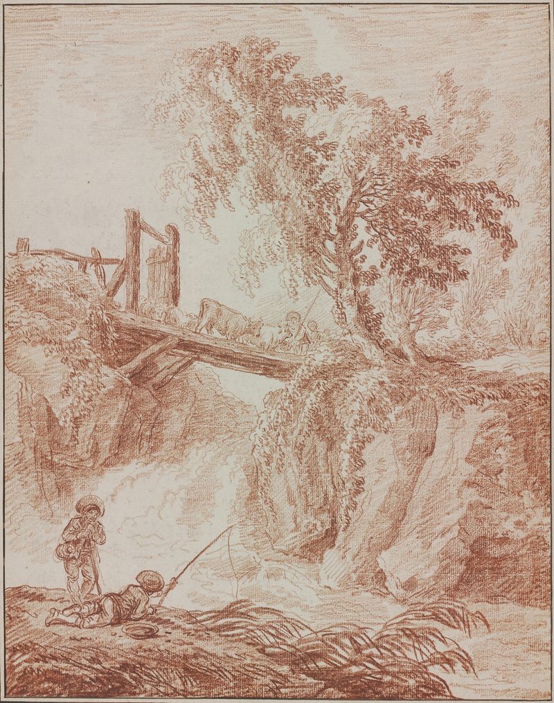 Herdsmen crossing a waterfall, óleo sobre tela de Hubert Robert