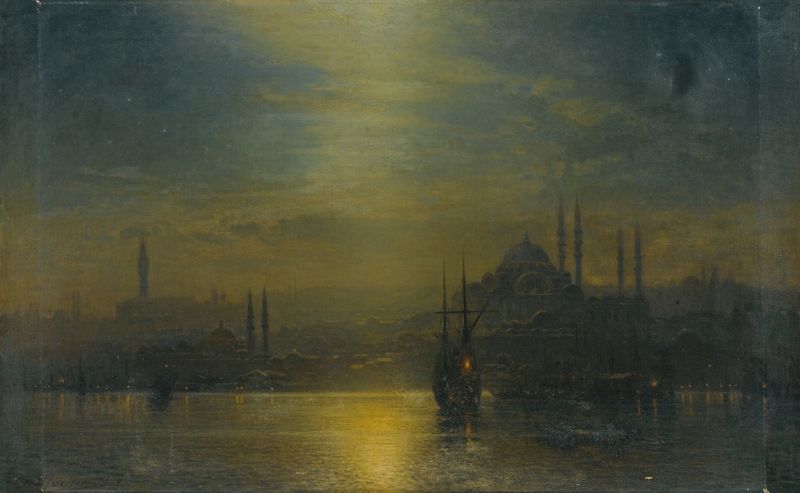 The Golden Horn – A Nocturne by Ernest Karl Eugen Koerner, oil painting depicting a night scene with city lights.